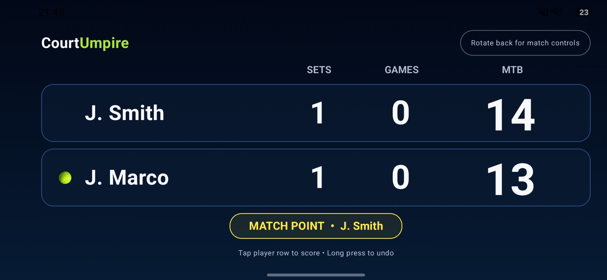 CourtUmpire landscape tennis scoreboard showing sets, games, match tiebreak and match point